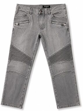 Balmain Paris Gray Biker Jeans Men’s 32 x 32 Moto Ribbed Designer Denim